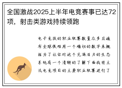 全国激战2025上半年电竞赛事已达72项，射击类游戏持续领跑